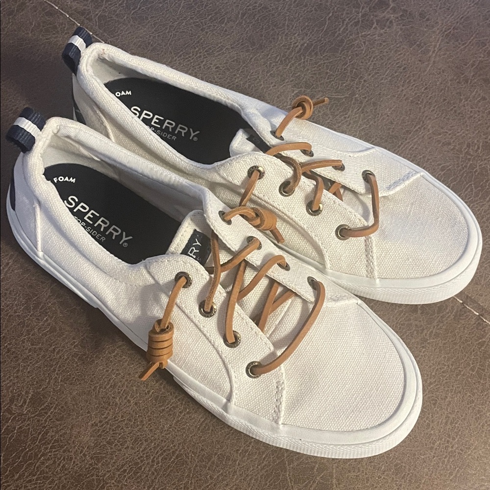 Sperry Topsiders Cream Canvas with Tan Leather Laces - Like New! Size 7